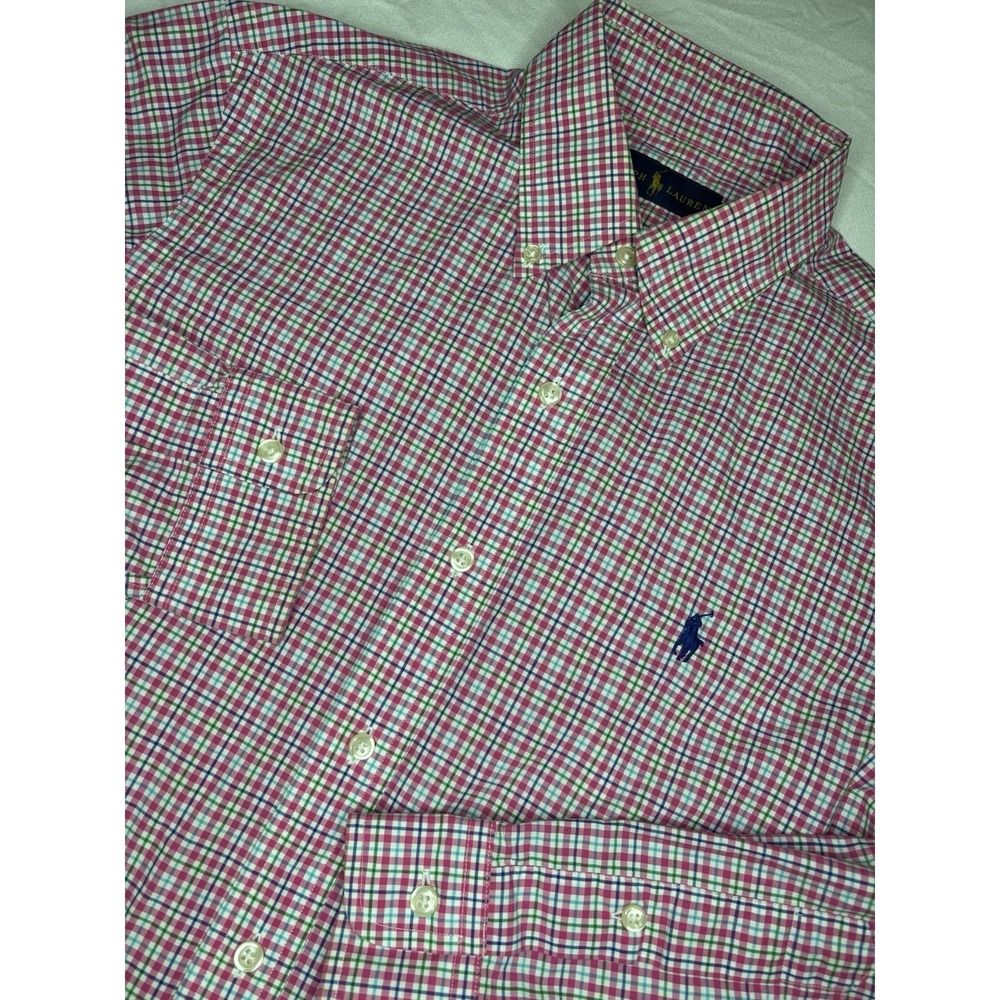 Ralph Lauren Pink Blue & Green Plaid Long Sleeve Button Down Shirt Men's Medium‎